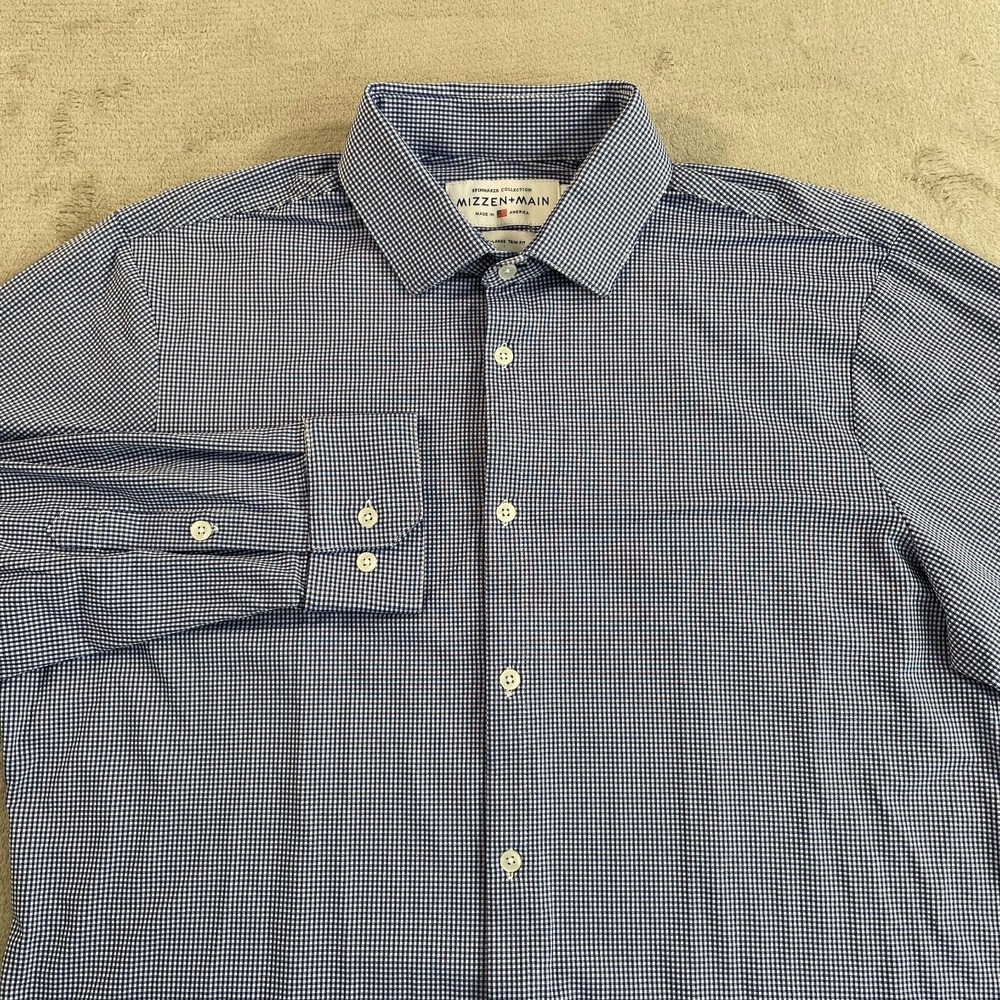 Mizzen + Main Performance Shirt Men 2XL Blue Micro Check Trim Fit LS NWOT